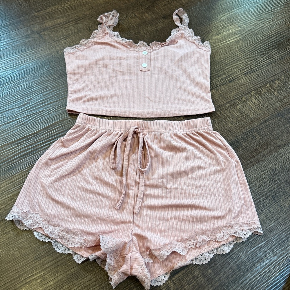 Three Lace Trim Sleepwear Sets Pink Teal And Grey